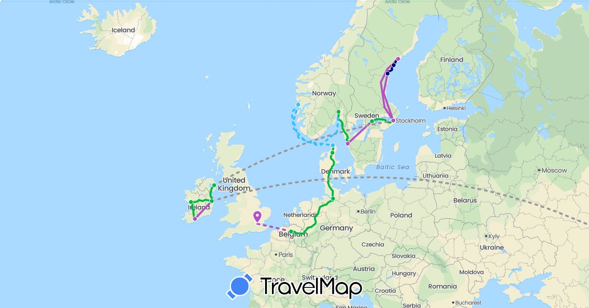 TravelMap itinerary: driving, bus, plane, train, boat in Belgium, Germany, Denmark, United Kingdom, Ireland, Norway, Sweden, Singapore (Asia, Europe)